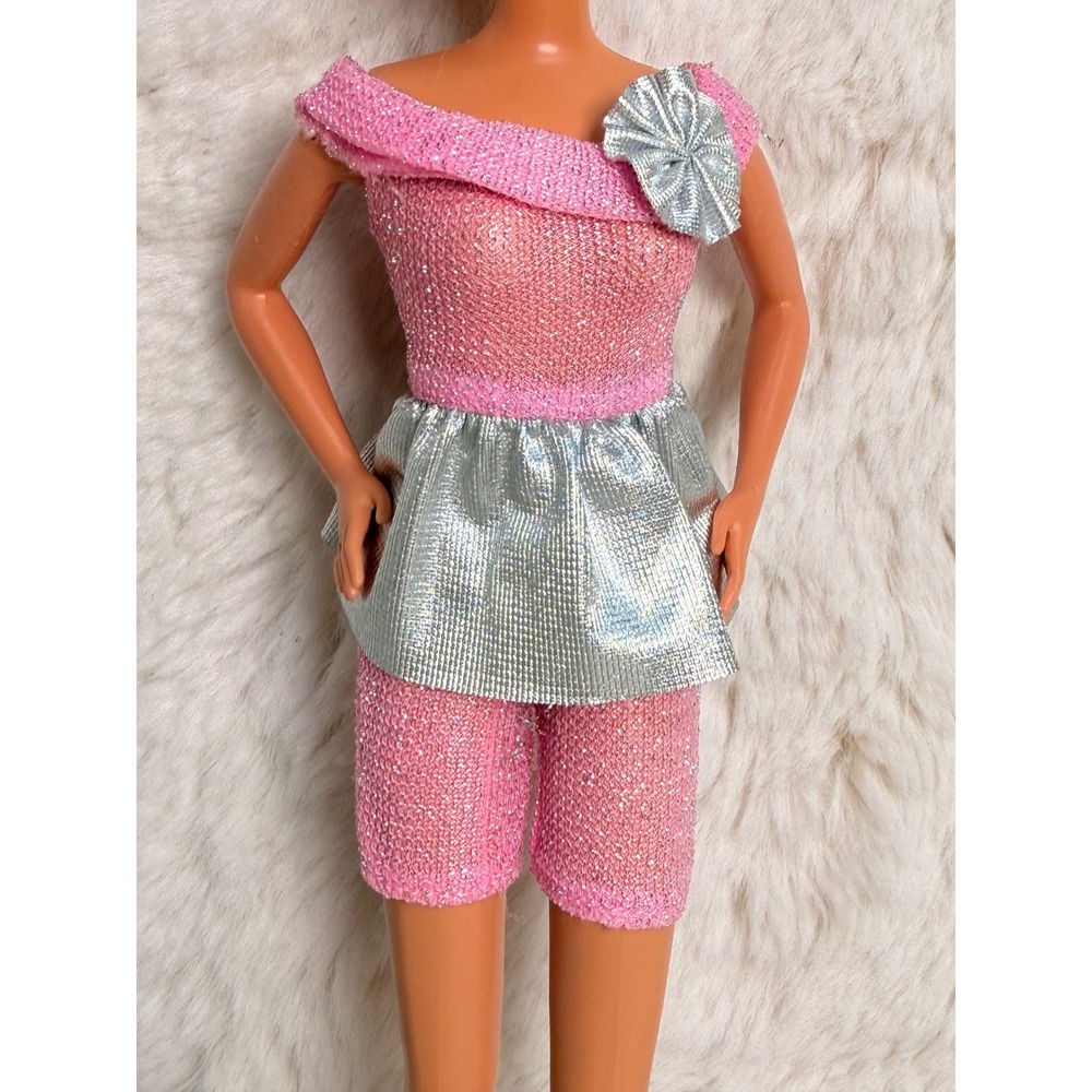 Vintage Genuine Barbie Pink‎ Metallic Knit Romper Silver Peplum 90s Doll Clothes